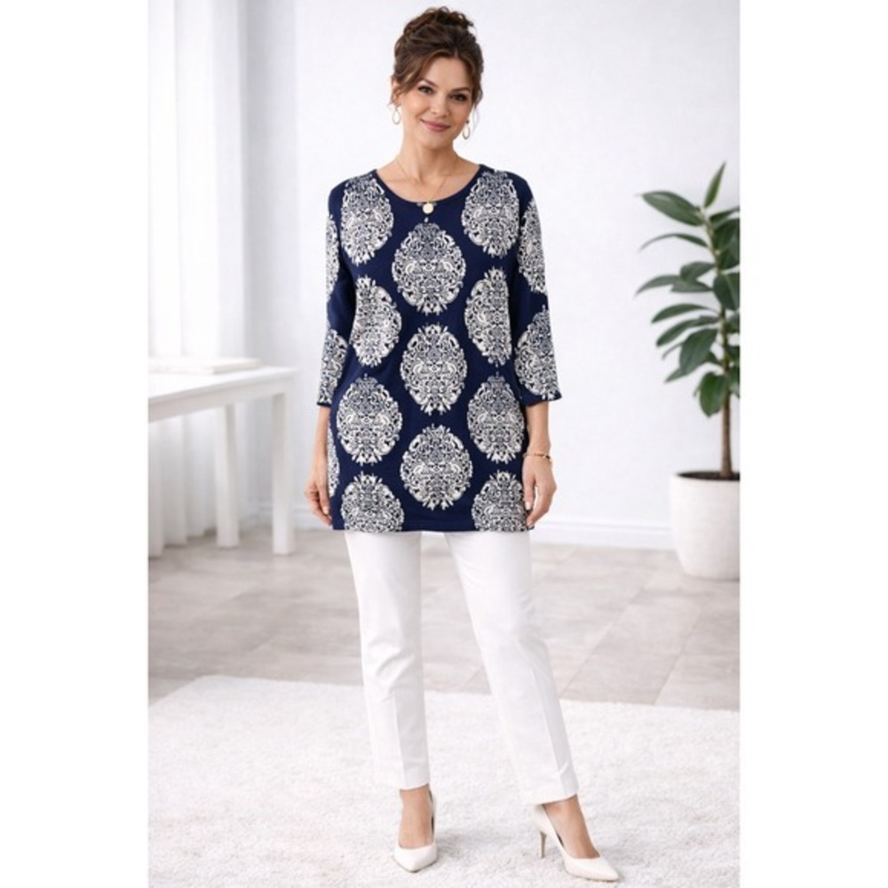 2/$30 Lilly Pulitzer Knit Sweater Sz S Blue Merino Wool‎ Damask Elegant Dressy